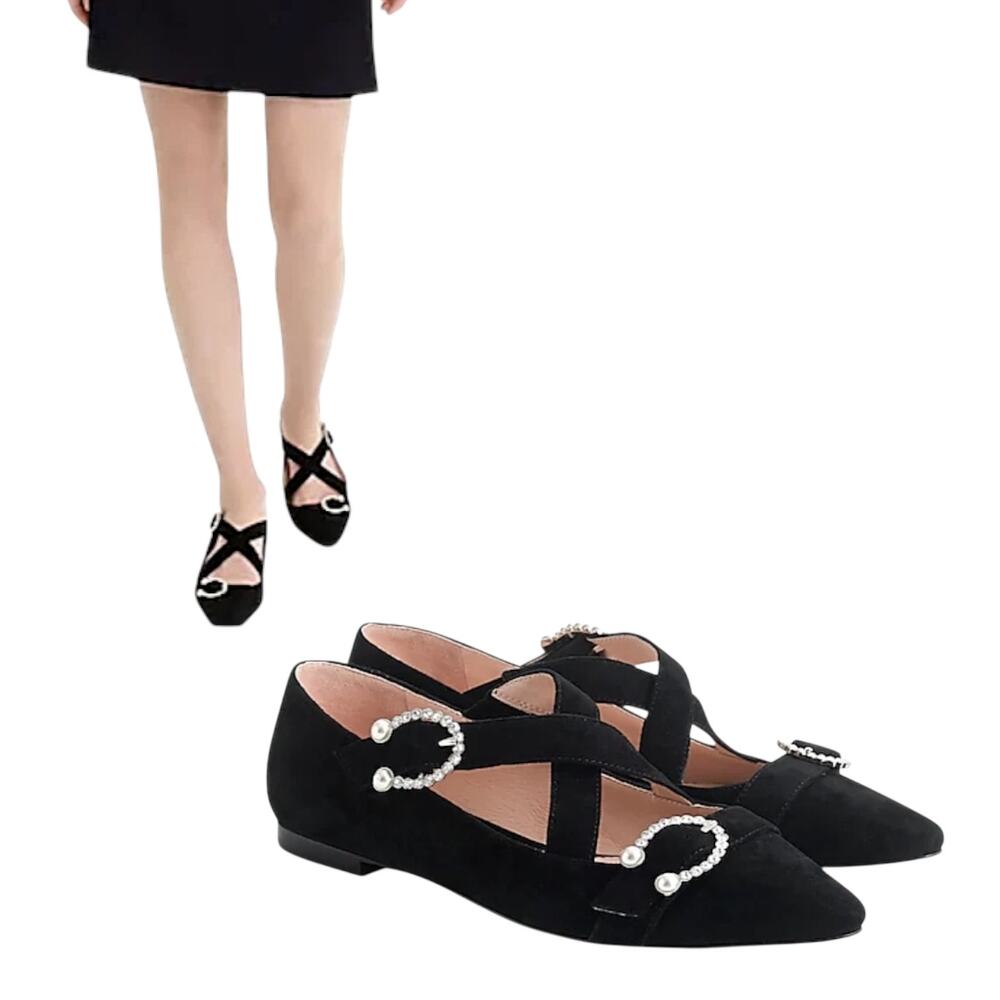 J. Crew Women’s 'Marina' Suede Pointed-Toe Flats Rhinestones Pearl, Black Size 7